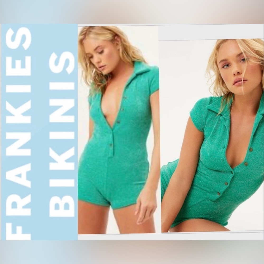 Frankies BIKINIS Romper Womens Small Rose TERRY SPARKLE Green Mistletoe Sexy